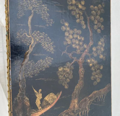 1970′ Table Basse Bronze Doré Style Baguès Decor Palmier Laque de Chine