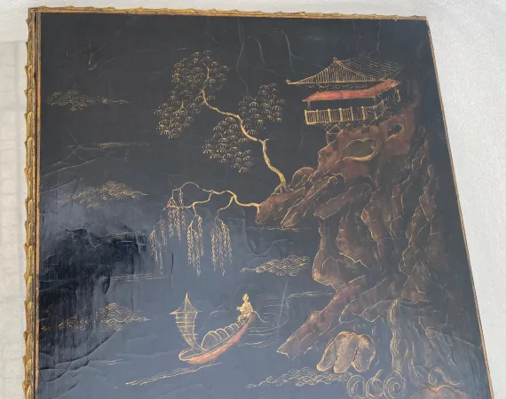 1970′ Table Basse Bronze Doré Style Baguès Decor Palmier Laque de Chine