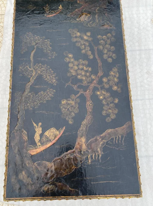 1970′ Gilt Bronze Coffee Table Baguès Style Decor Palm Tree Chinese Lacquer