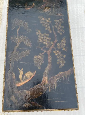 1970′ Table Basse Bronze Doré Style Baguès Decor Palmier Laque de Chine