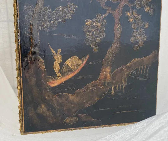 1970′ Table Basse Bronze Doré Style Baguès Decor Palmier Laque de Chine