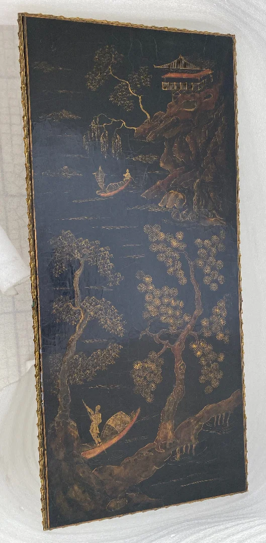 1970′ Table Basse Bronze Doré Style Baguès Decor Palmier Laque de Chine