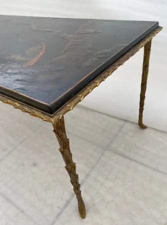 1970′ Table Basse Bronze Doré Style Baguès Decor Palmier Laque de Chine