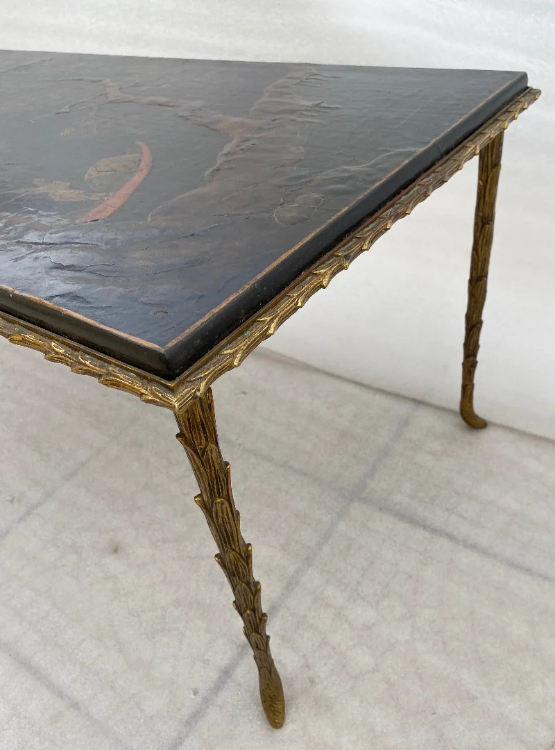 1970′ Table Basse Bronze Doré Style Baguès Decor Palmier Laque de Chine
