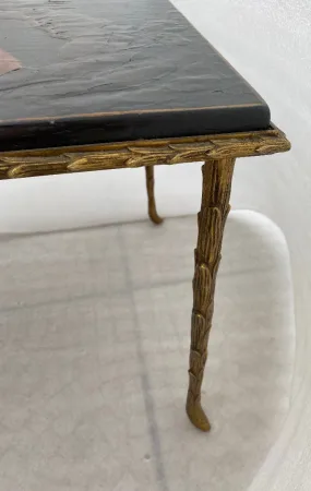 1970′ Table Basse Bronze Doré Style Baguès Decor Palmier Laque de Chine