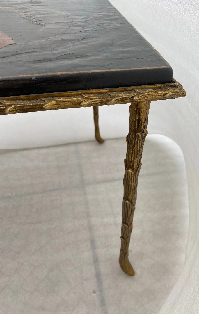 1970′ Table Basse Bronze Doré Style Baguès Decor Palmier Laque de Chine