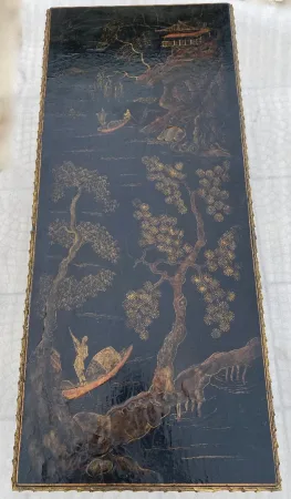 1970′ Table Basse Bronze Doré Style Baguès Decor Palmier Laque de Chine