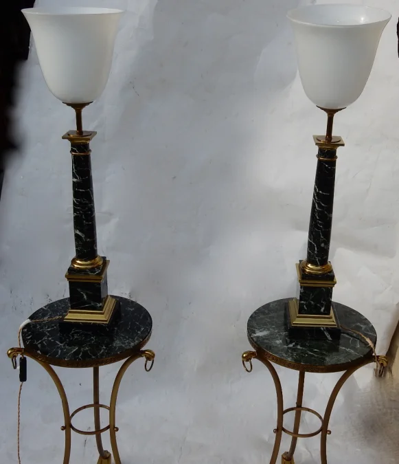 1950/70 Pair Of DLG Maison Jansen Lamps, Brass And Sea Green Marble