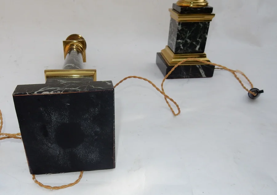 1950/70 Pair Of DLG Maison Jansen Lamps, Brass And Sea Green Marble