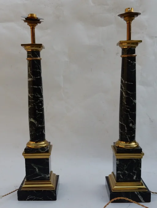 1950/70 Pair Of DLG Maison Jansen Lamps, Brass And Sea Green Marble