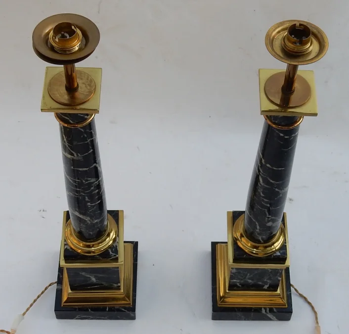 1950/70 Pair Of DLG Maison Jansen Lamps, Brass And Sea Green Marble