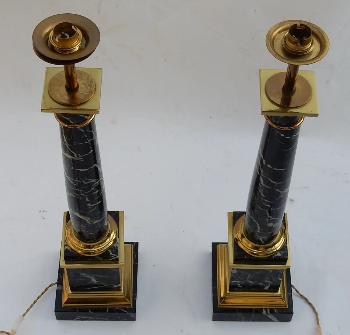 1950/70 Pair Of DLG Maison Jansen Lamps, Brass And Sea Green Marble