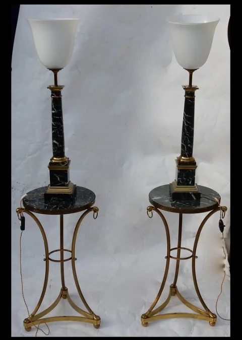 1950/70 Pair Of DLG Maison Jansen Lamps, Brass And Sea Green Marble