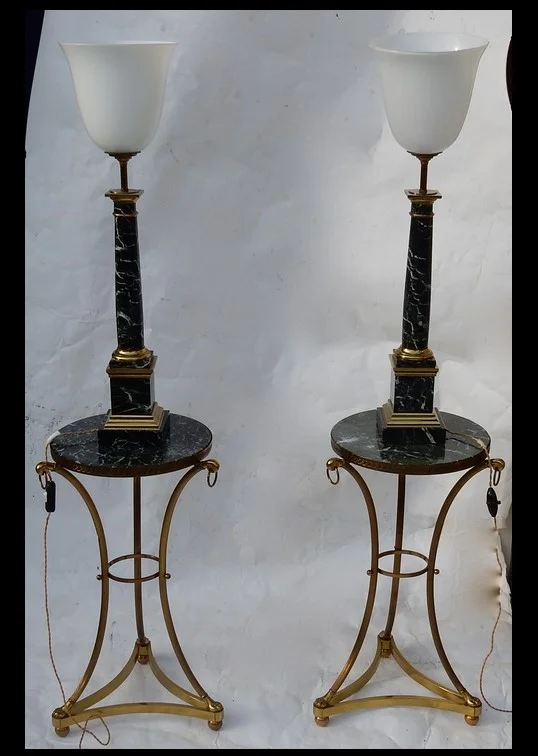 1950/70 Pair Of DLG Maison Jansen Lamps, Brass And Sea Green Marble