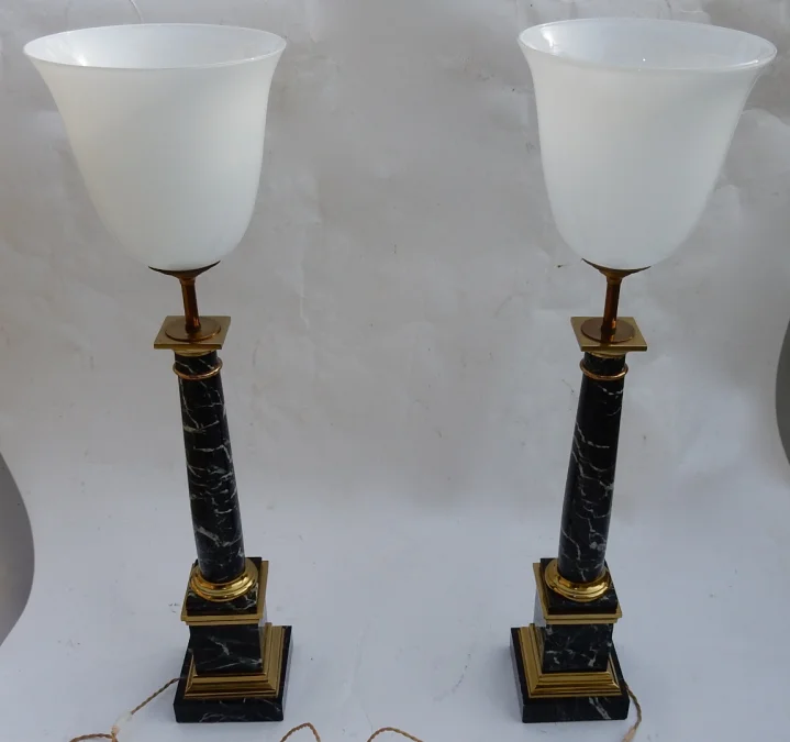 1950/70 Pair Of DLG Maison Jansen Lamps, Brass And Sea Green Marble