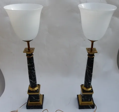1950/70 Paire De Lampes DLG Maison Jansen, Laiton et Marbre Vert De Mer