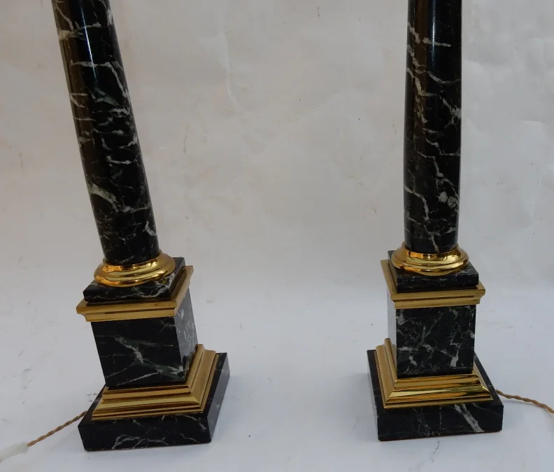 1950/70 Pair Of DLG Maison Jansen Lamps, Brass And Sea Green Marble