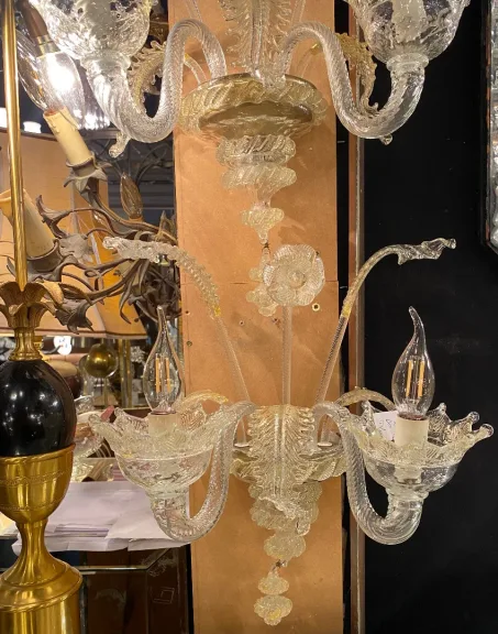 1950/70′ Pair of Wall Lamps with 2 Arms of Light in Murano Crystal With Gold Flakes