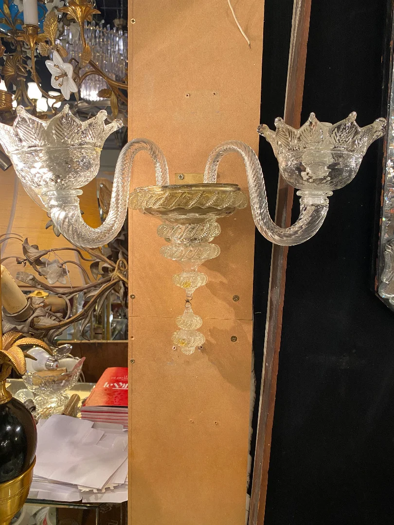 1950/70′ Pair of Wall Lamps with 2 Arms of Light in Murano Crystal With Gold Flakes