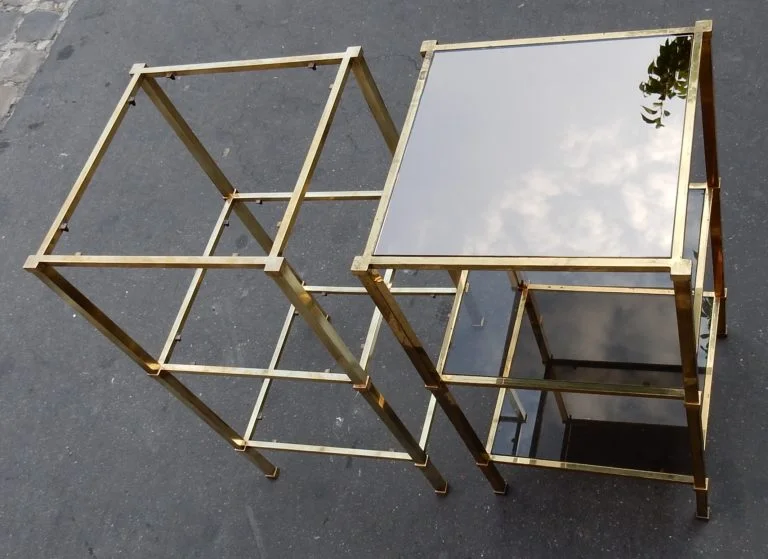 1970′ Pair of Guy Lefevre Shelves in Brass With Smoked Glass and Mirrors