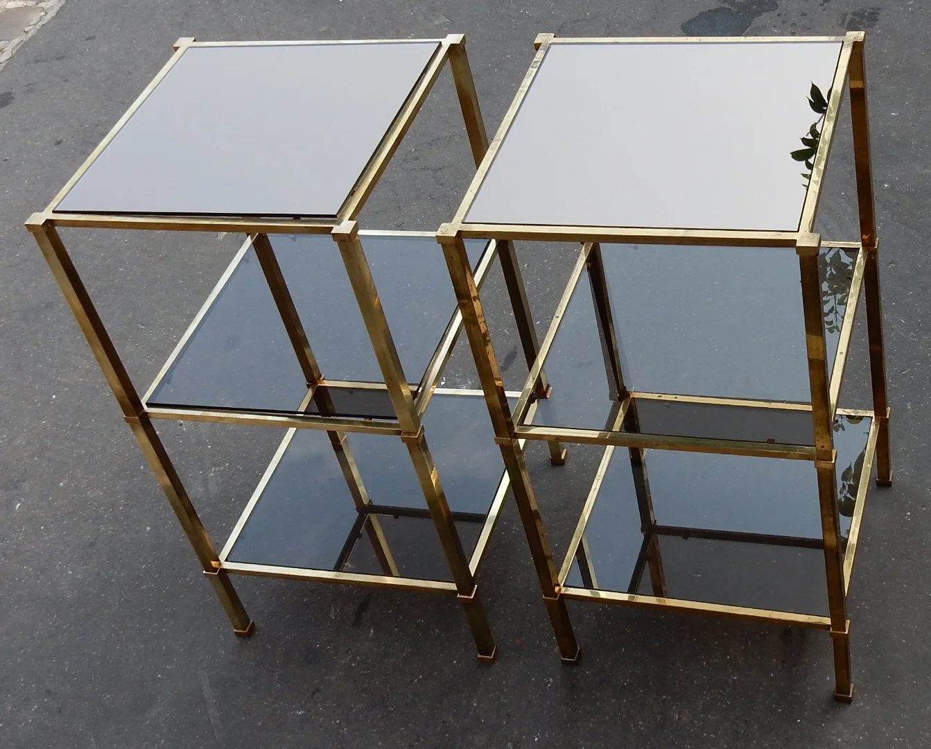 1970′ Pair of Guy Lefevre Shelves in Brass With Smoked Glass and Mirrors