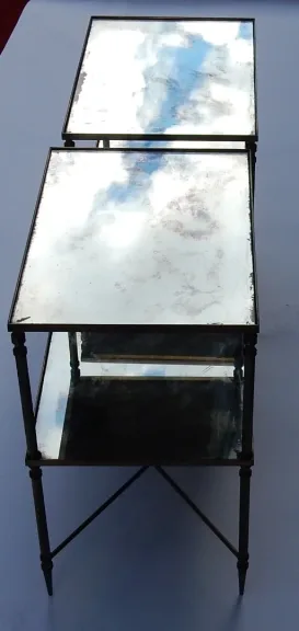 1950/70′ Pair of Bronze Sofa Ends, 2 Oxidized Mirror Trays Maison Baguès Style Spacer With Spinning Top