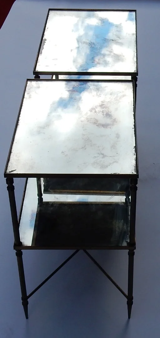 1950/70′ Paire de Bouts de Canapés Bronze, 2 Plateaux Miroirs Oxydés Style Maison Baguès Entretoise Avec Toupie