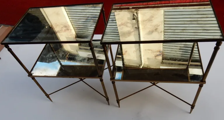 1950/70′ Pair of Bronze Sofa Ends, 2 Oxidized Mirror Trays Maison Baguès Style Spacer With Spinning Top