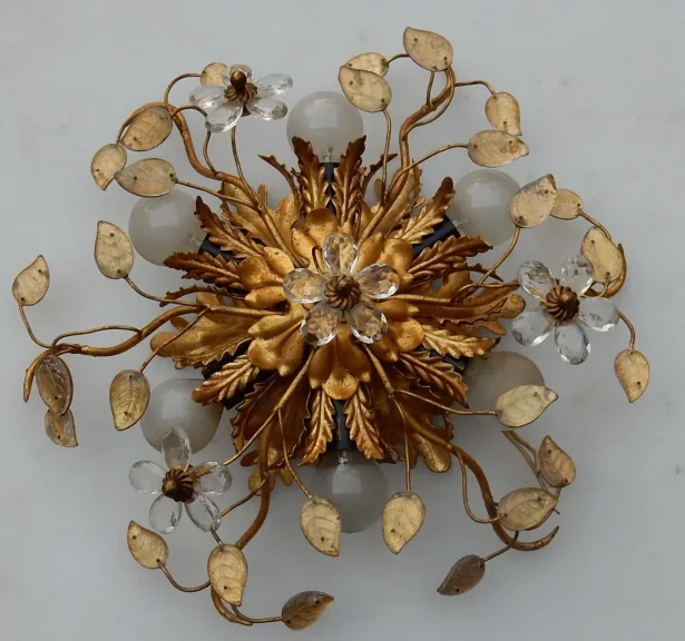 1970′ Pair or Similar of 2 Ceiling Lights or Wall Lamps Decorated with Flowers and Leaves in Metal Maison Baguès Style Leaves in Glass
