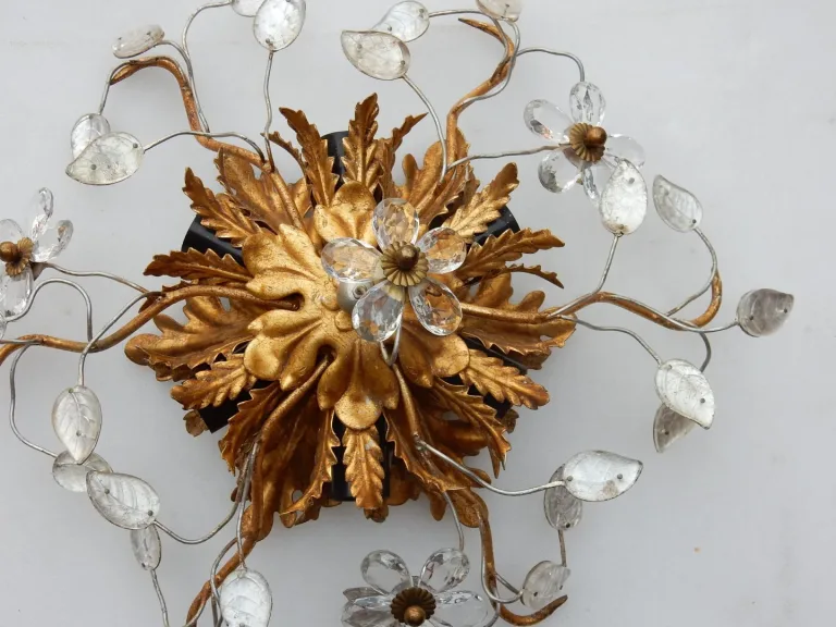 1970′ Pair or Similar of 2 Ceiling Lights or Wall Lamps Decorated with Flowers and Leaves in Metal Maison Baguès Style Leaves in Glass