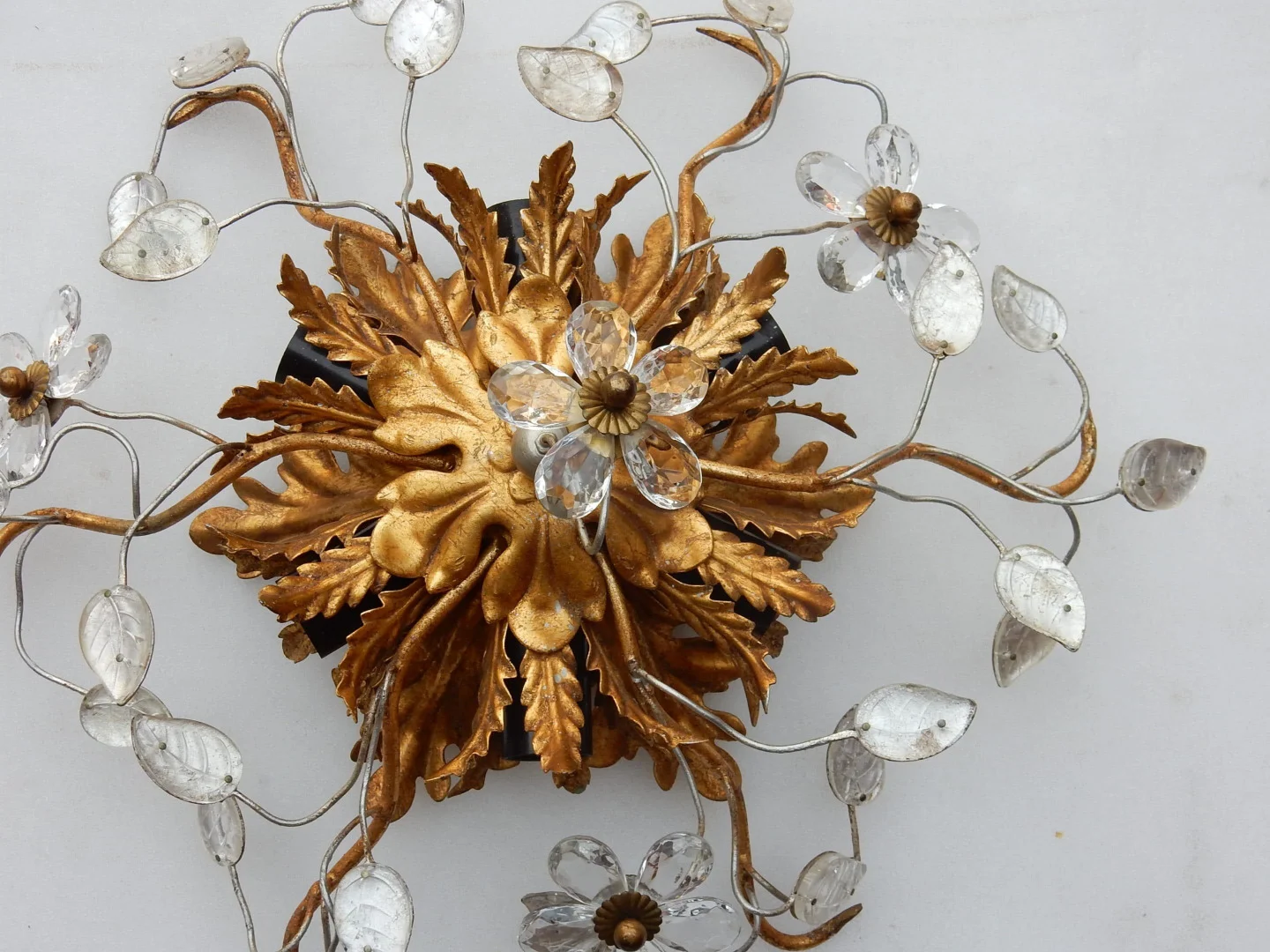 1970′ Pair or Similar of 2 Ceiling Lights or Wall Lamps Decorated with Flowers and Leaves in Metal Maison Baguès Style Leaves in Glass