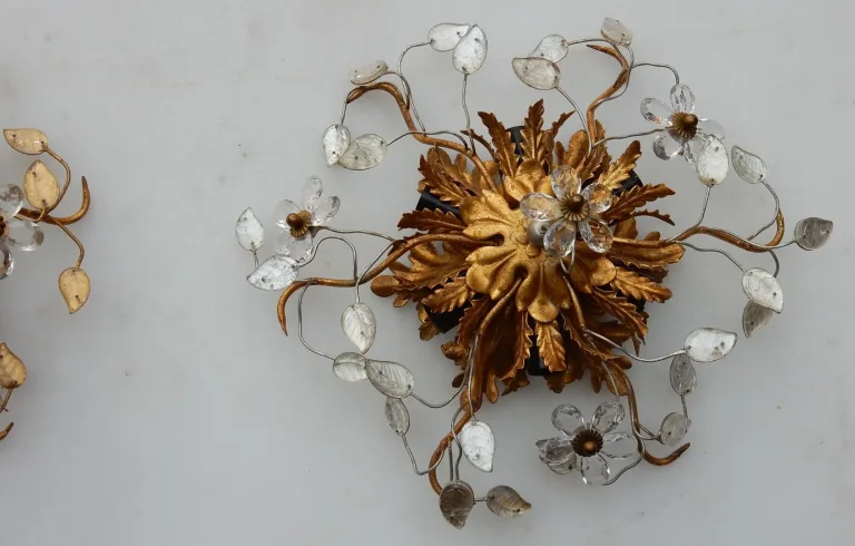 1970′ Pair or Similar of 2 Ceiling Lights or Wall Lamps Decorated with Flowers and Leaves in Metal Maison Baguès Style Leaves in Glass