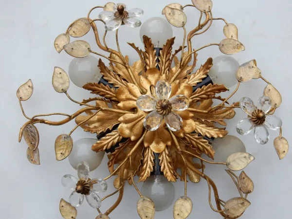 1970′ Pair or Similar of 2 Ceiling Lights or Wall Lamps Decorated with Flowers and Leaves in Metal Maison Baguès Style Leaves in Glass