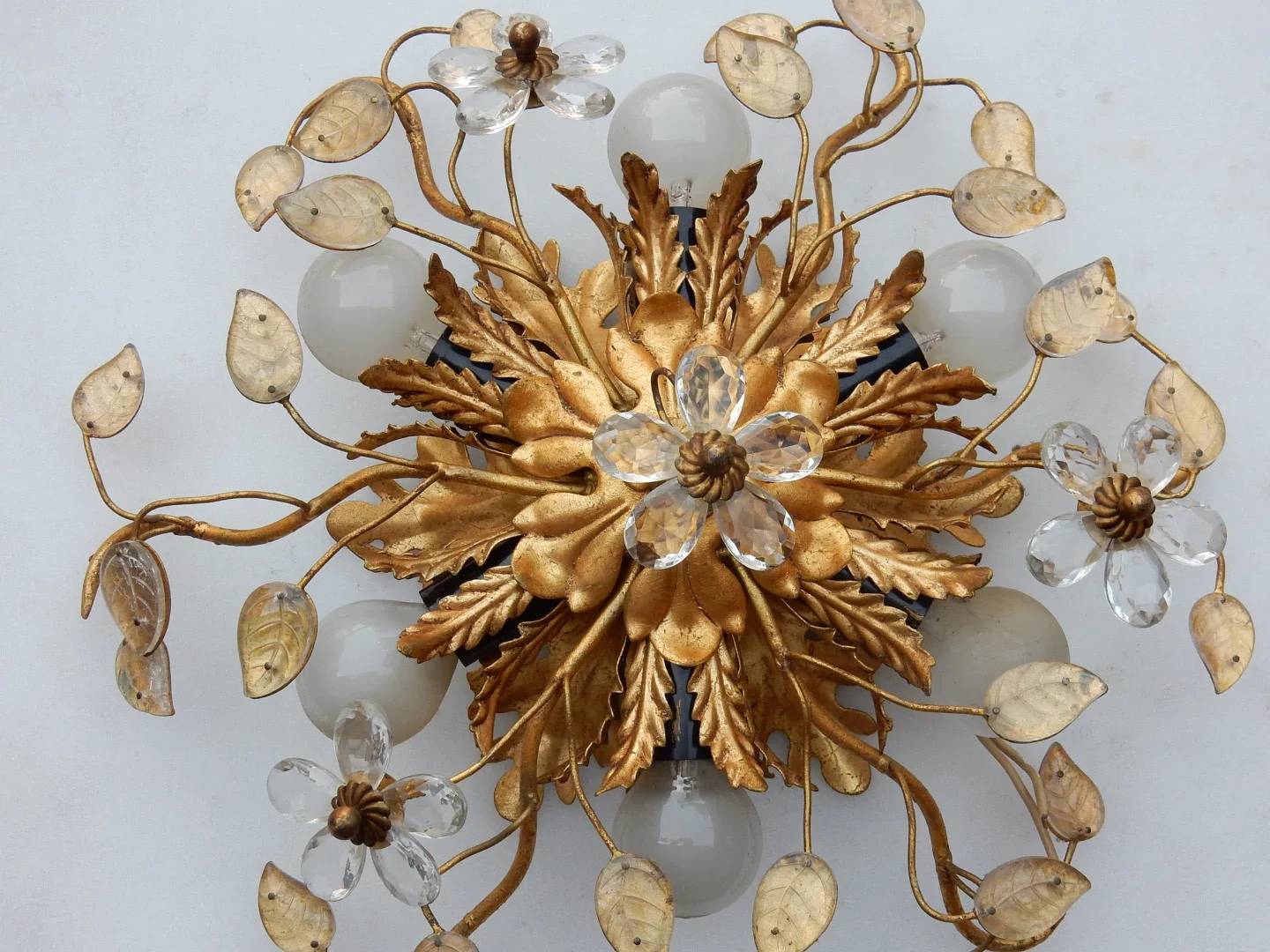 1970′ Pair or Similar of 2 Ceiling Lights or Wall Lamps Decorated with Flowers and Leaves in Metal Maison Baguès Style Leaves in Glass