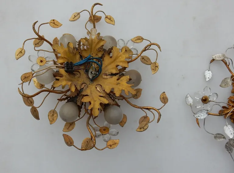 1970′ Pair or Similar of 2 Ceiling Lights or Wall Lamps Decorated with Flowers and Leaves in Metal Maison Baguès Style Leaves in Glass