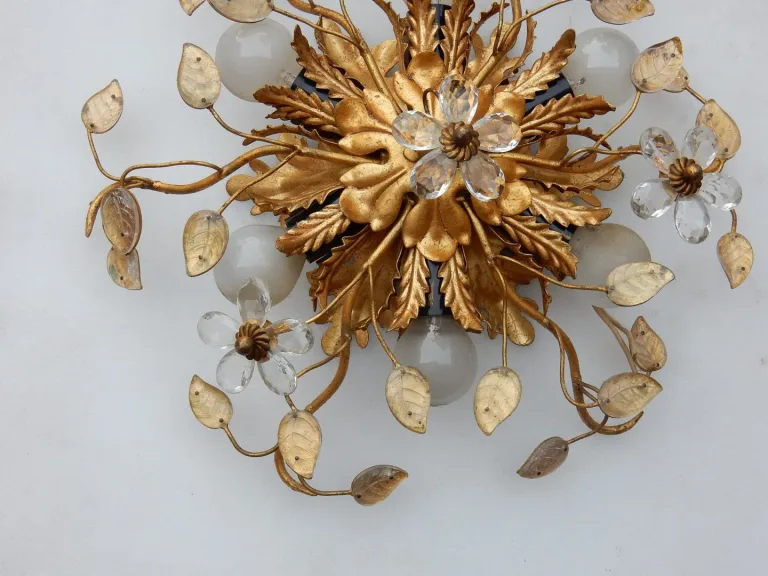 1970′ Pair or Similar of 2 Ceiling Lights or Wall Lamps Decorated with Flowers and Leaves in Metal Maison Baguès Style Leaves in Glass
