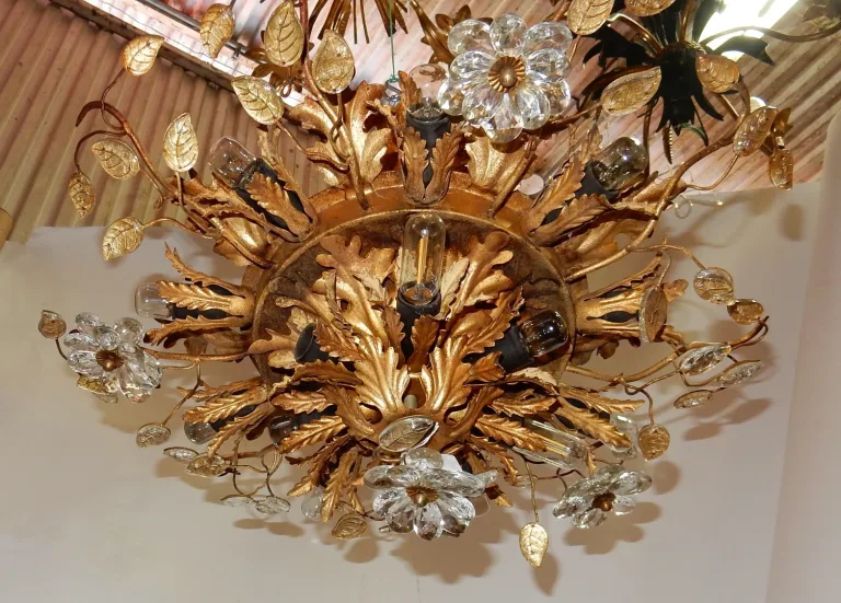 1970′ Ceiling Light or Wall Lamp Decorated with Flowers and Leaves in Golden Metal Maison Baguès Style Glass Leaves 15 Bulbs