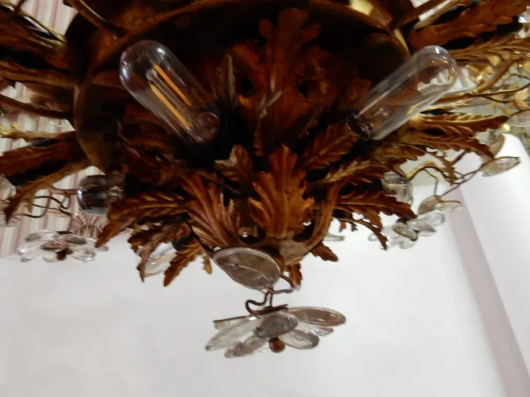 1970′ Ceiling Light or Wall Lamp Decorated with Flowers and Leaves in Golden Metal Maison Baguès Style Glass Leaves 15 Bulbs