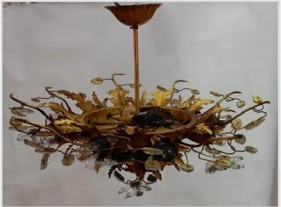 1970′ Ceiling Light or Wall Lamp Decorated with Flowers and Leaves in Golden Metal Maison Baguès Style Glass Leaves 15 Bulbs