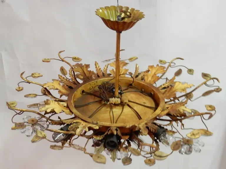 1970′ Ceiling Light or Wall Lamp Decorated with Flowers and Leaves in Golden Metal Maison Baguès Style Glass Leaves 15 Bulbs