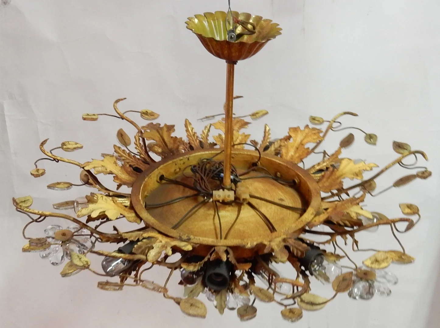1970′ Ceiling Light or Wall Lamp Decorated with Flowers and Leaves in Golden Metal Maison Baguès Style Glass Leaves 15 Bulbs