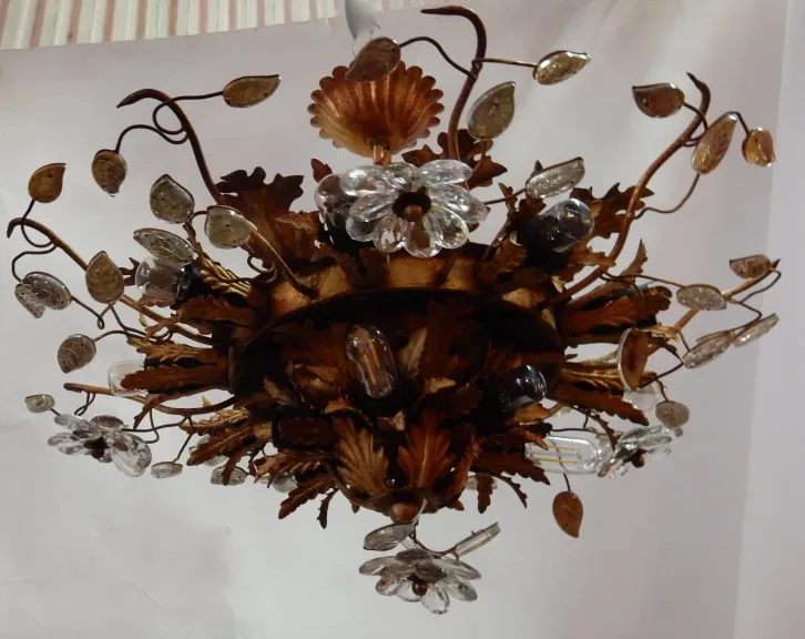 1970′ Ceiling Light or Wall Lamp Decorated with Flowers and Leaves in Golden Metal Maison Baguès Style Glass Leaves 15 Bulbs