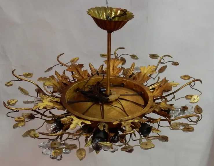 1970′ Ceiling Light or Wall Lamp Decorated with Flowers and Leaves in Golden Metal Maison Baguès Style Glass Leaves 15 Bulbs
