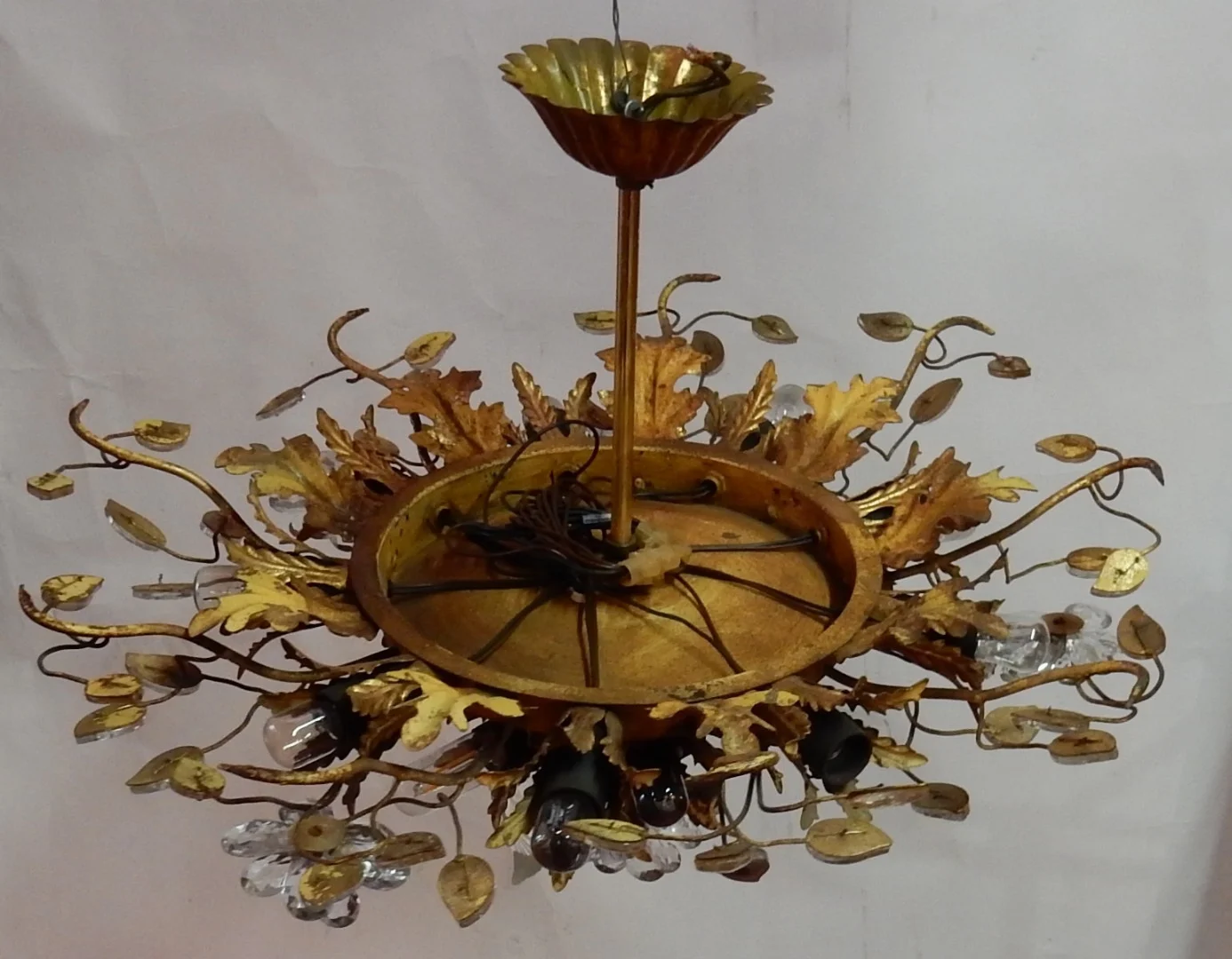 1970′ Ceiling Light or Wall Lamp Decorated with Flowers and Leaves in Golden Metal Maison Baguès Style Glass Leaves 15 Bulbs