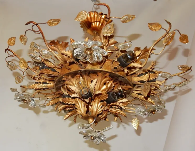1970′ Ceiling Light or Wall Lamp Decorated with Flowers and Leaves in Golden Metal Maison Baguès Style Glass Leaves 15 Bulbs