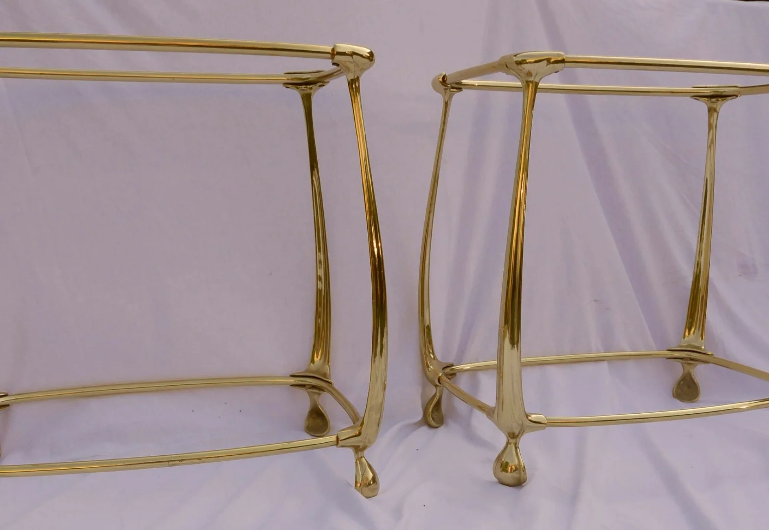 1970/80′ Pair of Gilt Bronze Tables with 2 Levels Art Nouveau Style Glass and Opaline Tops
