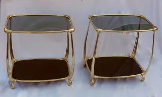 1970/80′ Paire de Tables en Bronze Doré à 2 Niveaux Style Art Nouveau Plateaux Verre et Opaline