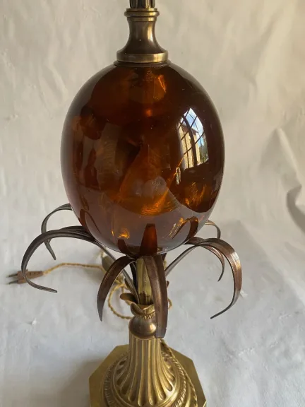 1950/70 Pair of Bronze and Fractable Resin Egg Lamps Signed Charles