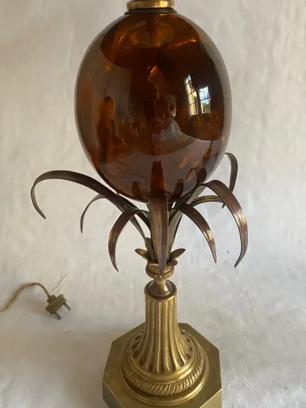 1950/70 Pair of Bronze and Fractable Resin Egg Lamps Signed Charles