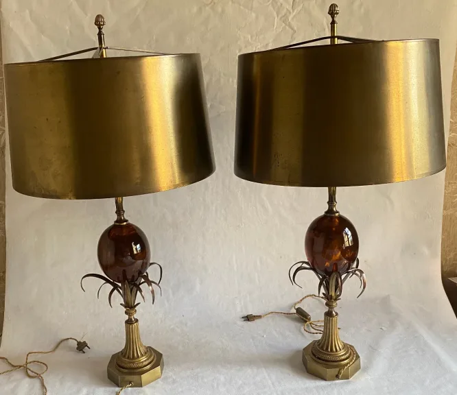 1950/70 Pair of Bronze and Fractable Resin Egg Lamps Signed Charles